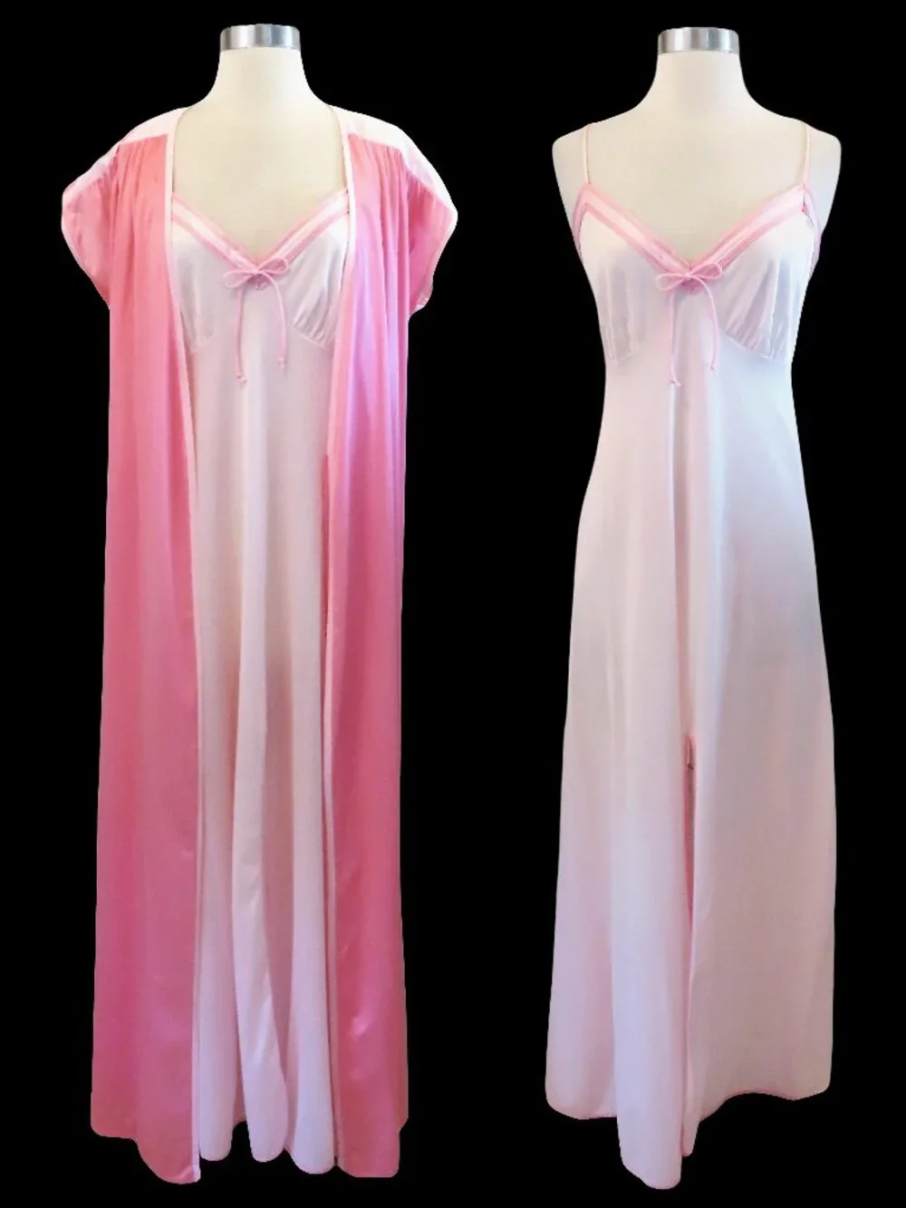 Vintage Pink Peignoir Set M Coquette Sheer Nylon Slip Dress Nightgown Robe
